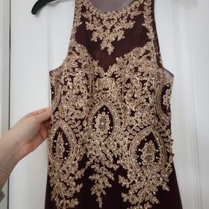 Xscape Burgundy Dress with Gold Embroidery